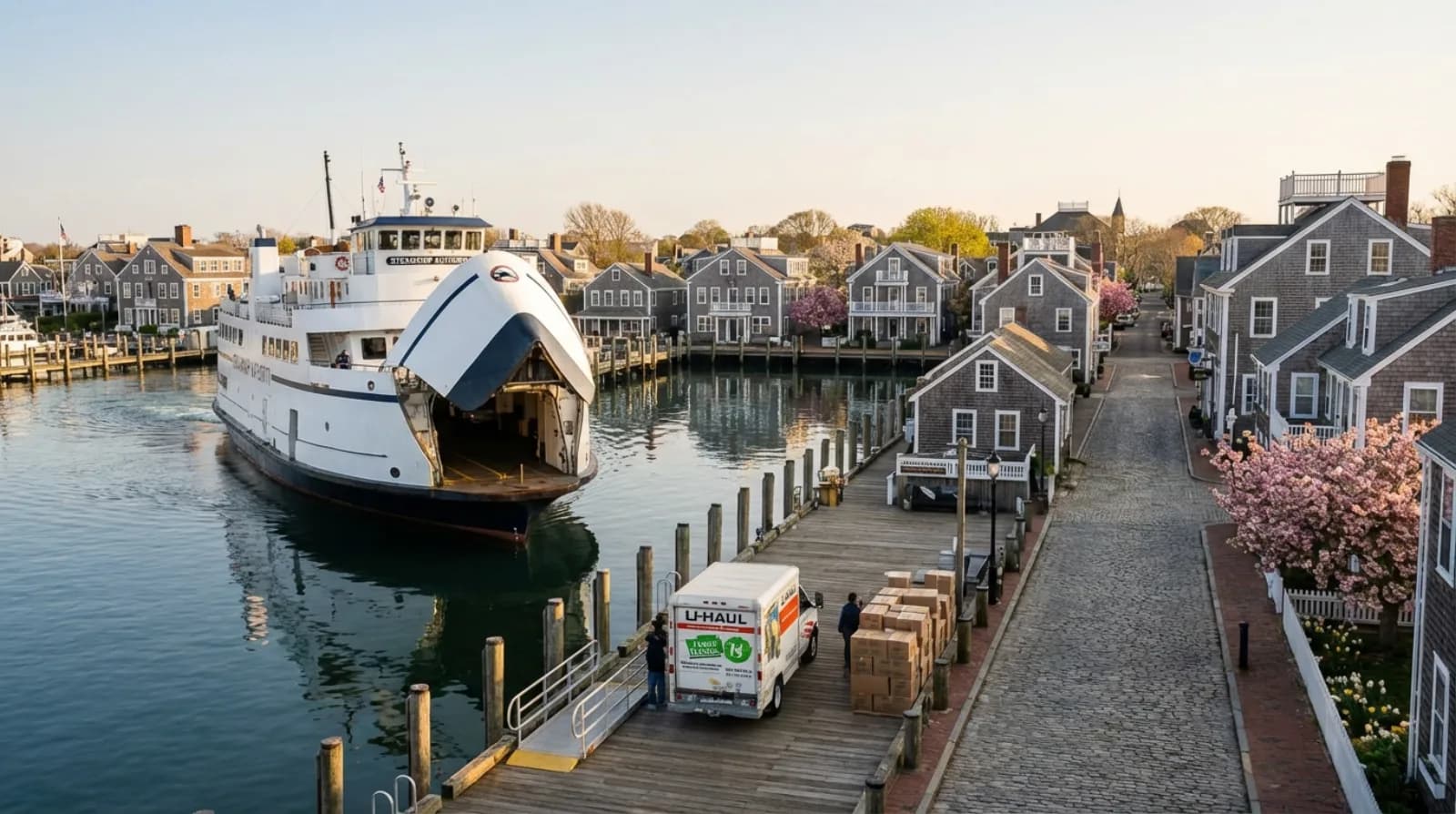 Moving day scene on Nantucket with a ferry approaching the harbor and cobblestone streets lined with gray-shingled homes