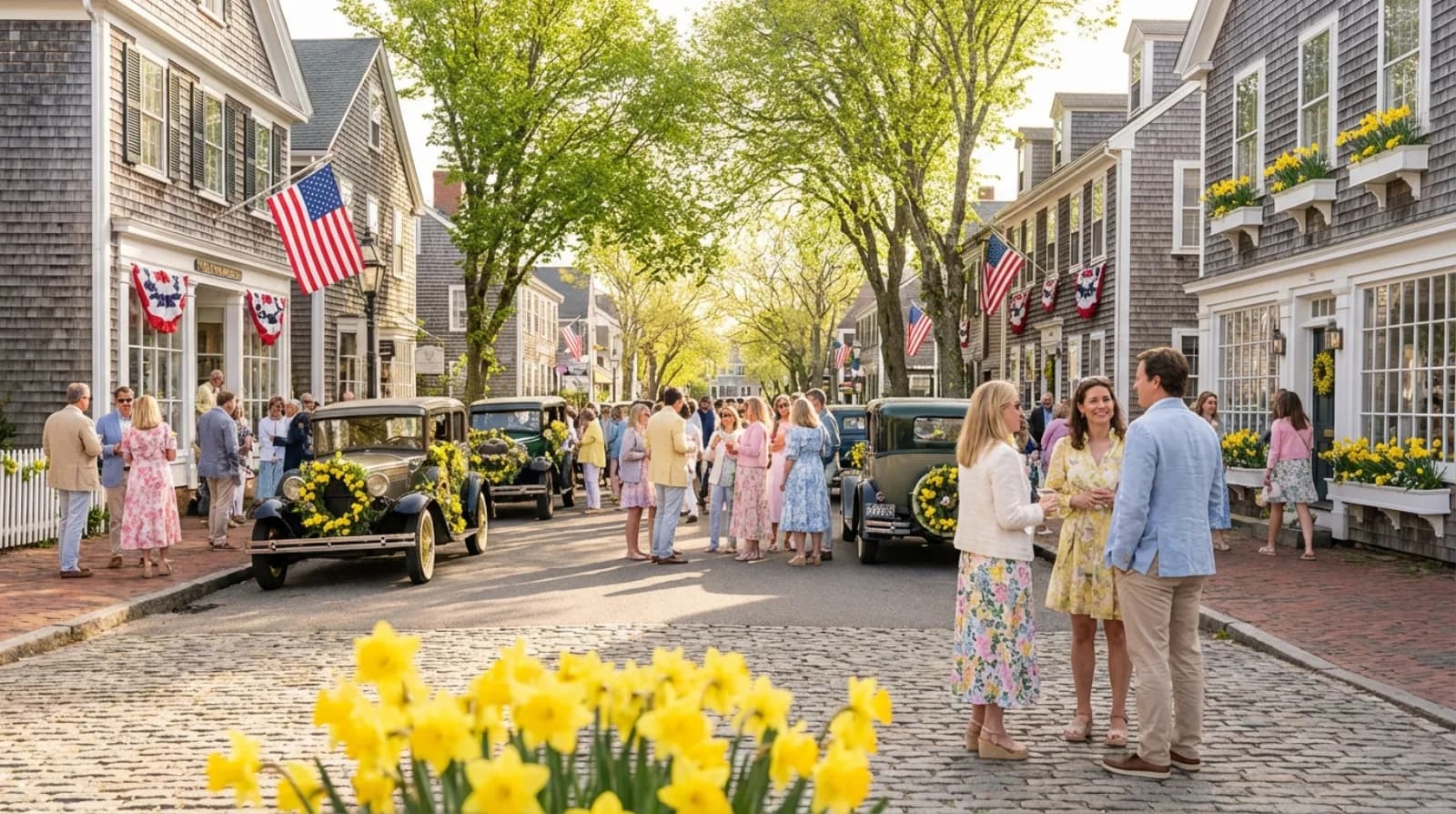 People gathering on Nantucket's Main Street during the Daffodil Festival with antique cars and spring flowers lining the cobblestone road
