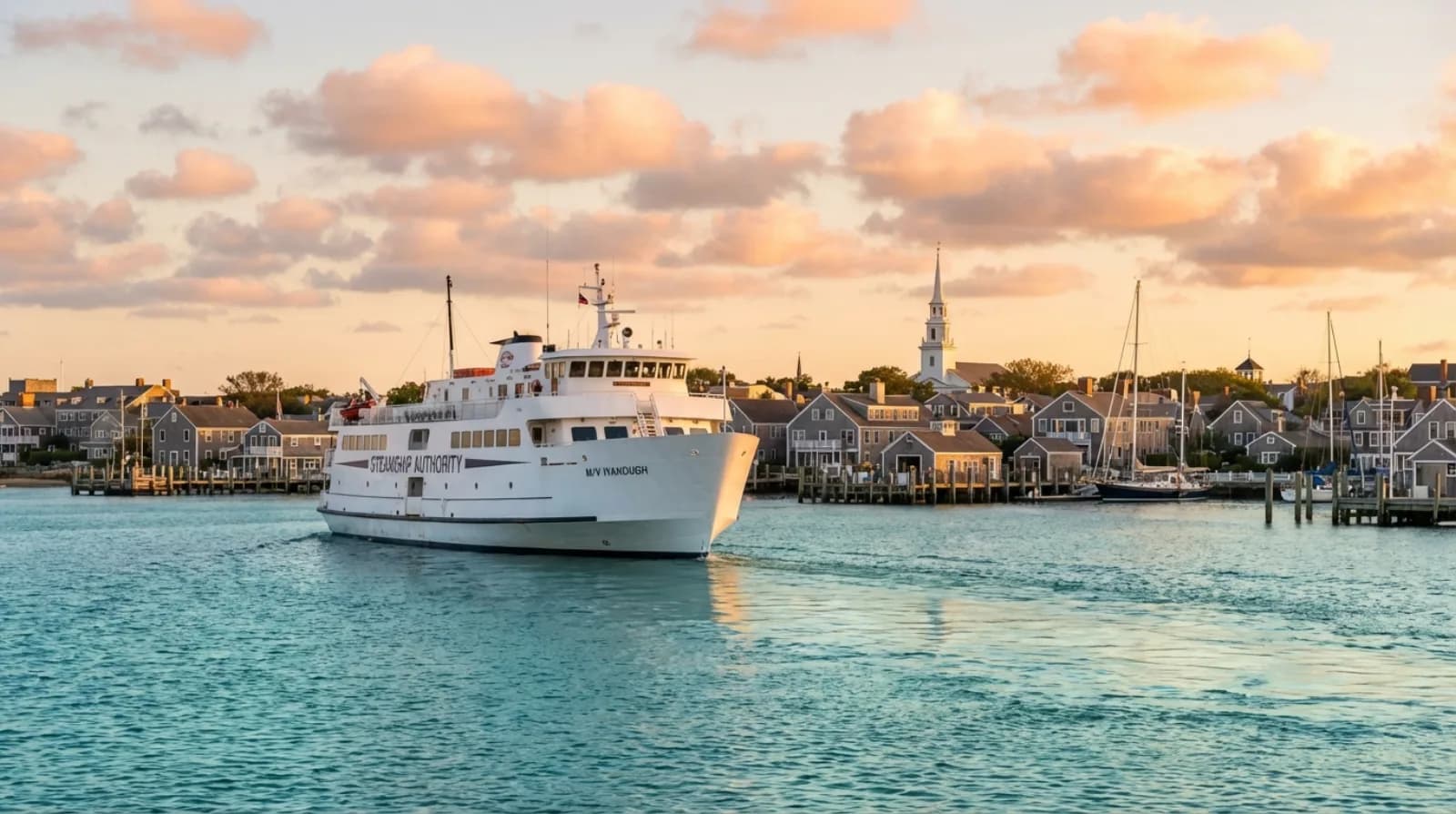 Steamship Authority ferry approaching Nantucket harbor with the island skyline and church steeples in the background