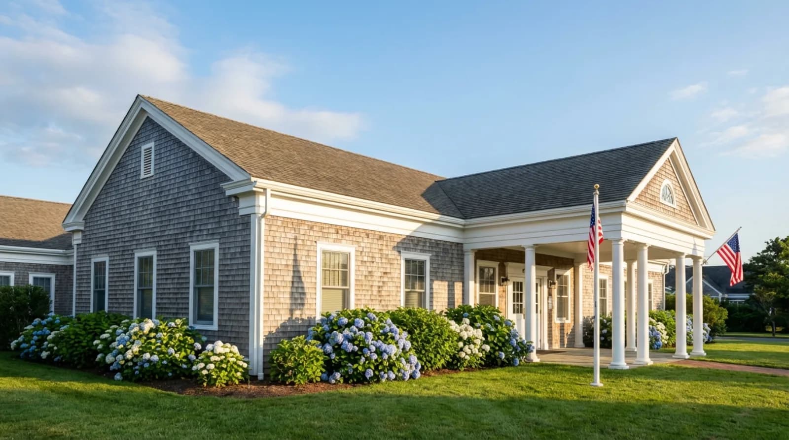 Nantucket Cottage Hospital exterior with shingled New England architecture surrounded by landscaped grounds