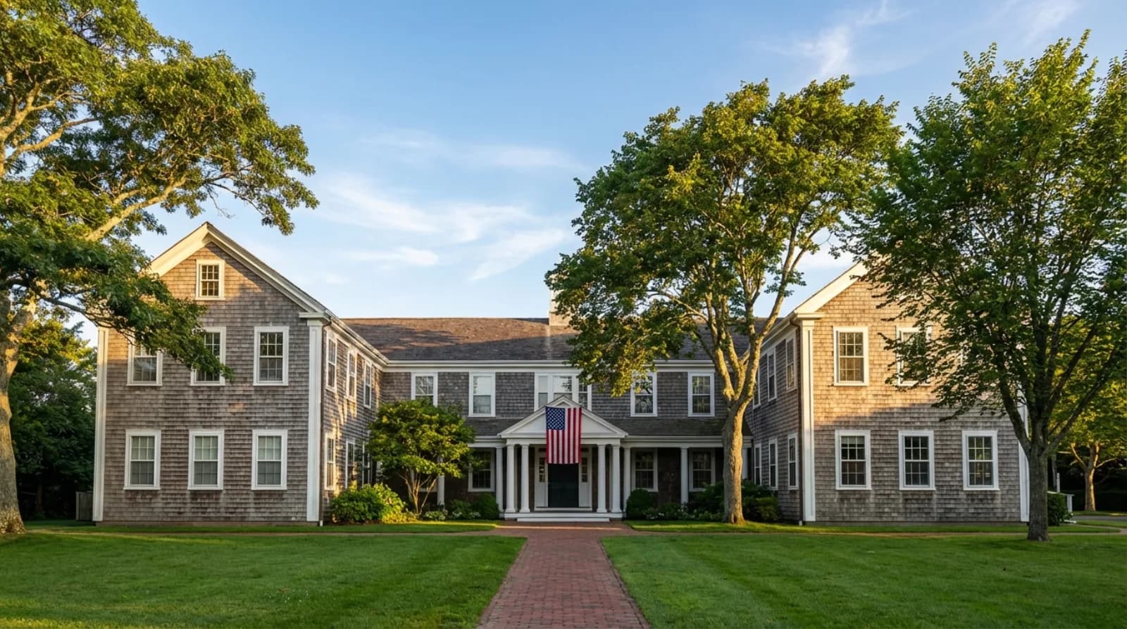 Nantucket school campus with characteristic gray-shingled New England architecture surrounded by mature trees