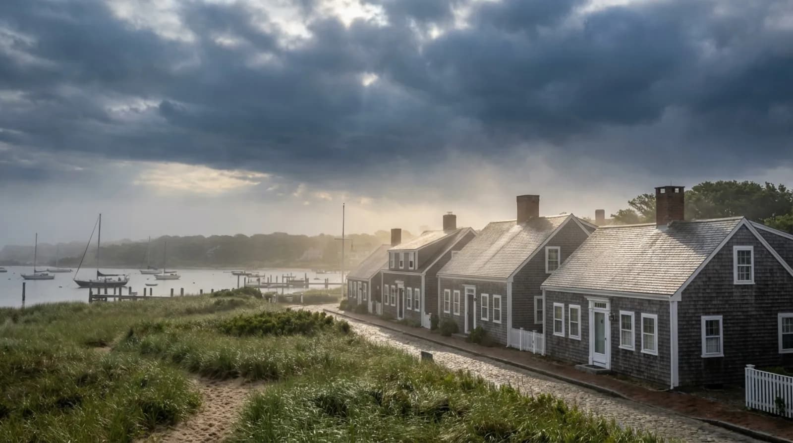 Dramatic clouds rolling over gray-shingled Nantucket homes with a harbor view on a moody coastal morning