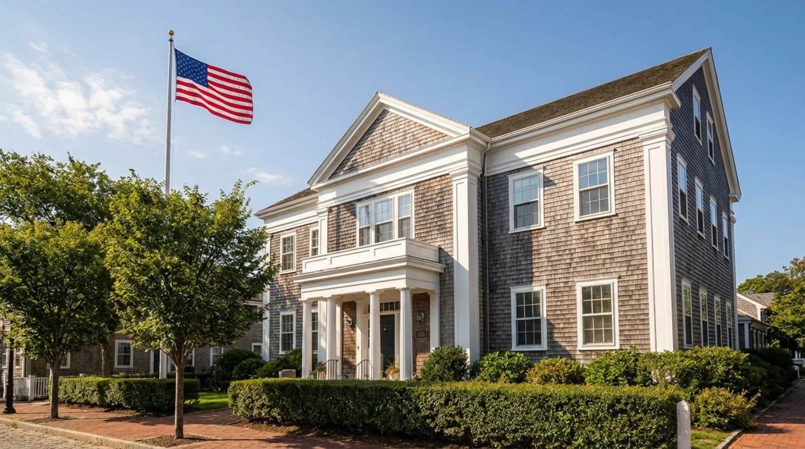 Nantucket Town Building with classic New England architecture and American flag against a blue sky