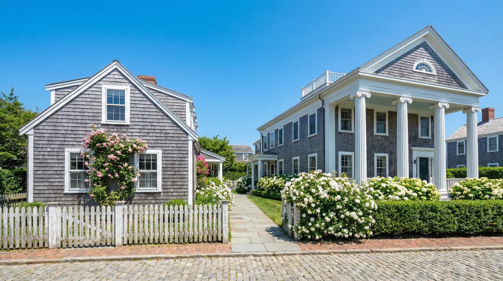 Historic Nantucket street showing varied architectural styles from Federal-era homes to Shingle Style estates