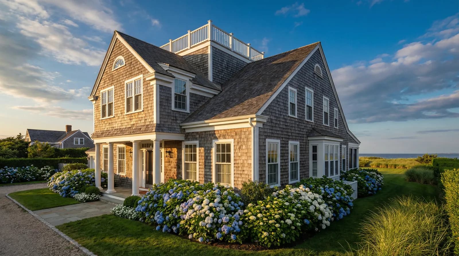 Historic Nantucket downtown cobblestone street lined with gray-shingled Federal-era homes and white picket fences