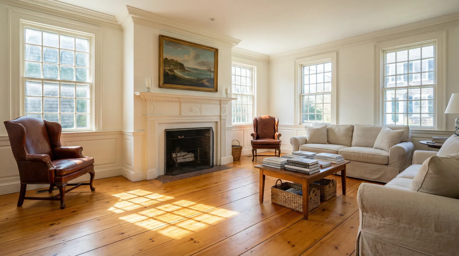 Historic Nantucket homes along cobblestone street showcasing Federal and Greek Revival architecture
