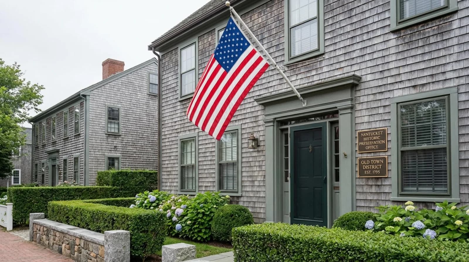 Historic Nantucket street showing preserved Federal-era architecture with gray-shingled homes