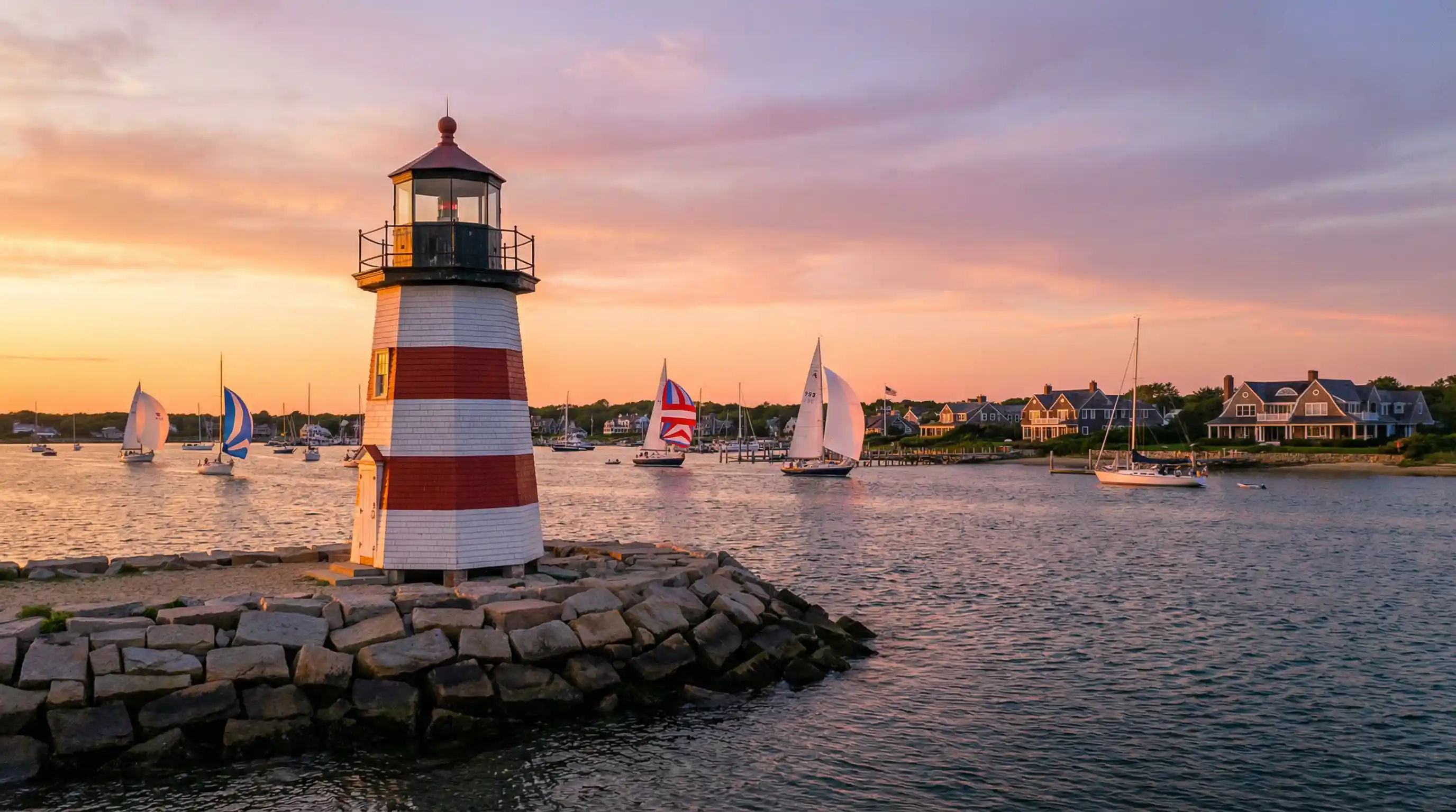 Brant Point lighthouse with harbor views and luxury waterfront estates