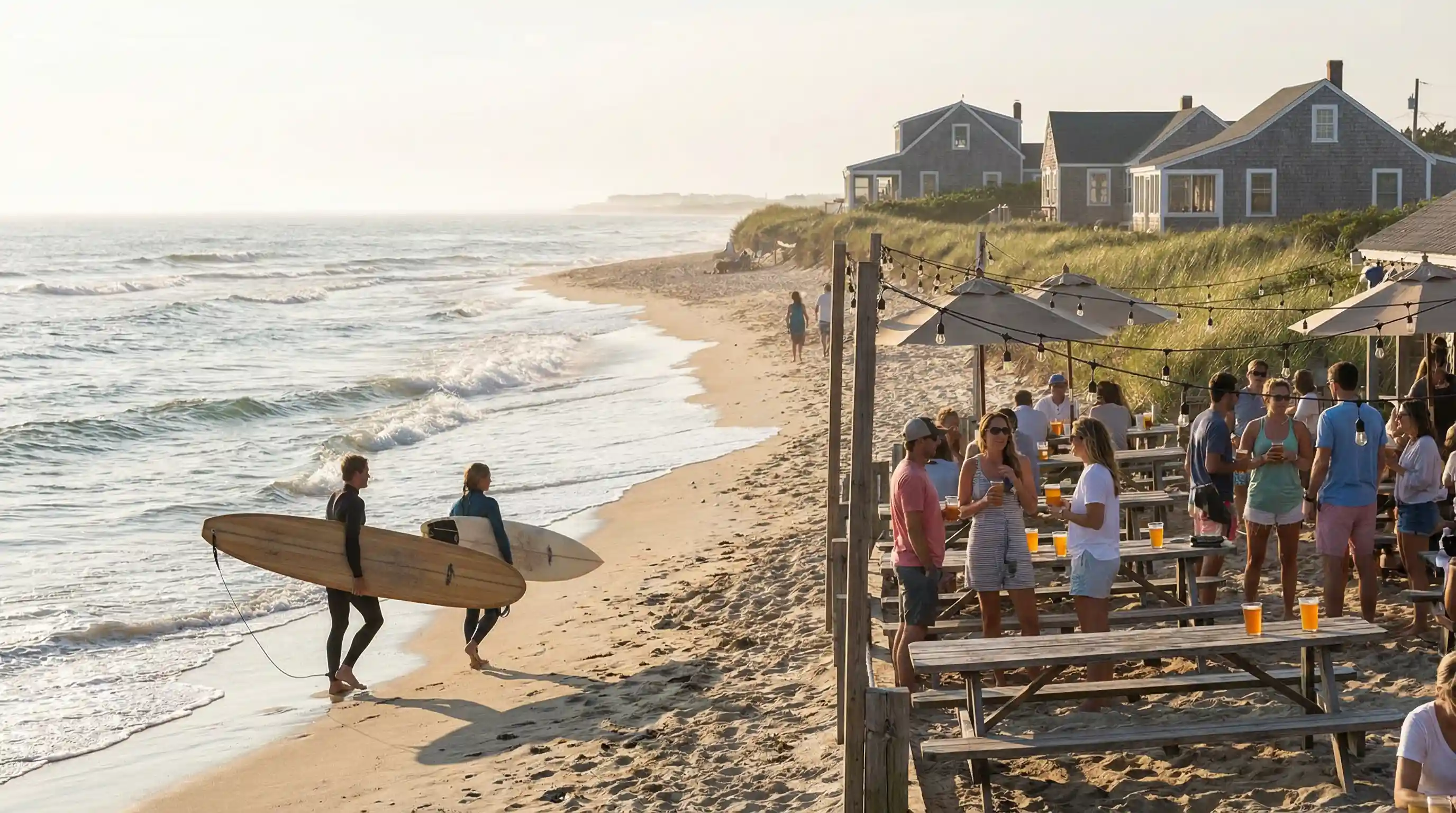 Cisco Beach with surfers and the laid-back west end atmosphere of Nantucket