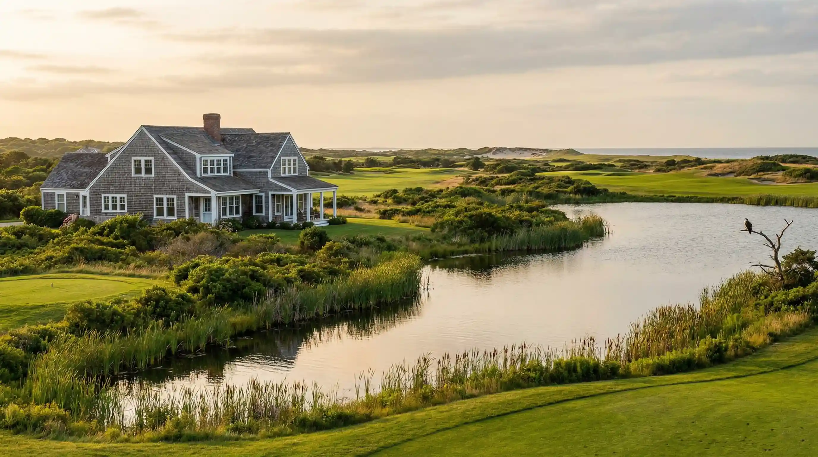 Miacomet neighborhood with golf course views and pond landscape