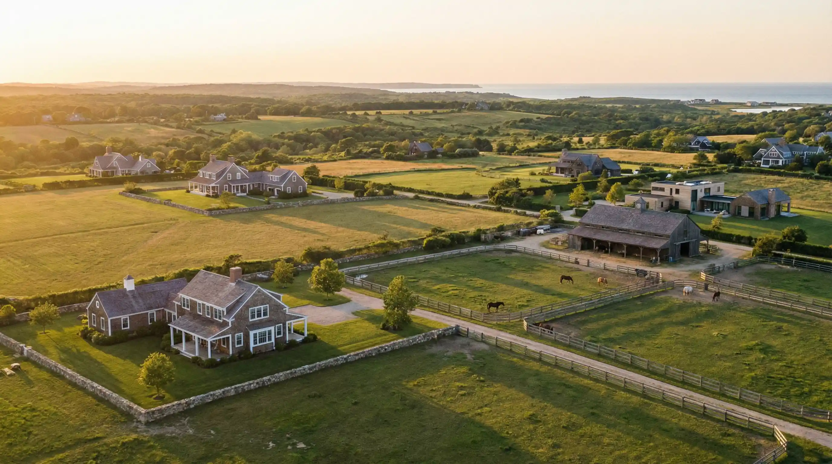 Serene Nantucket beach at sunset with pristine white sand, gentle waves, and beach grass dunes
