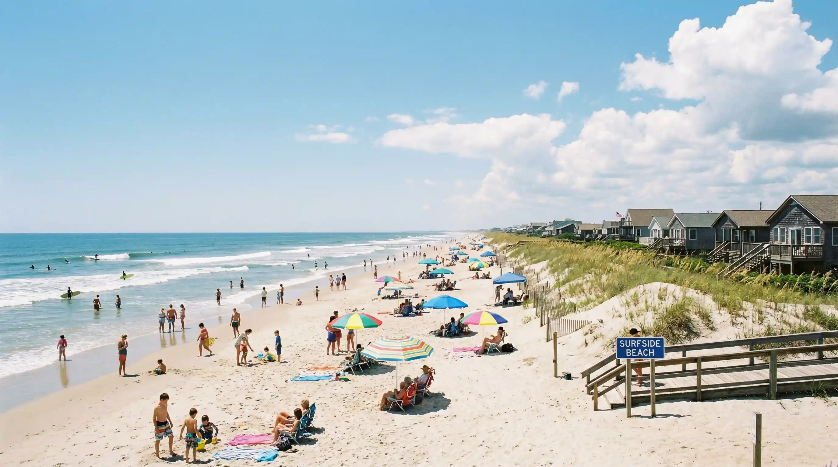 Surfside Beach with families enjoying the Atlantic Ocean