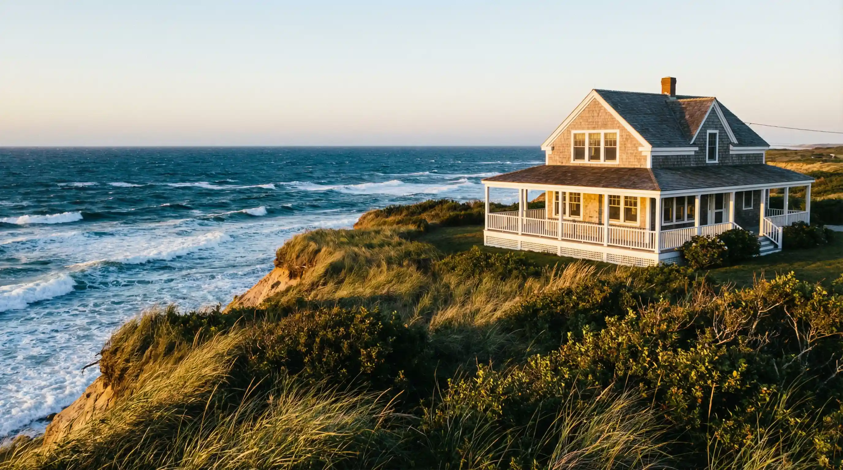 Tom Nevers south shore beach with dramatic ocean views and Nantucket coastal homes